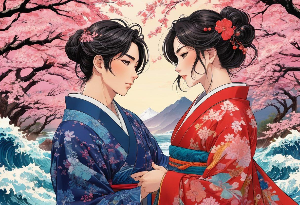 A mesmerizing blend of vibrant manga panels showcasing characters with expressive features, intertwined with swirling waves of bold colors symbolizing allure and desire. Overlay intricate patterns and elements inspired by Japanese culture, such as cherry blossoms and traditional art motifs. The setting should exude a mystical atmosphere, with soft lighting highlighting sensuous textures. Perfectly capture the essence of adult manga and graphic erotica. super-realistic. vibrant colors. dynamic composition.